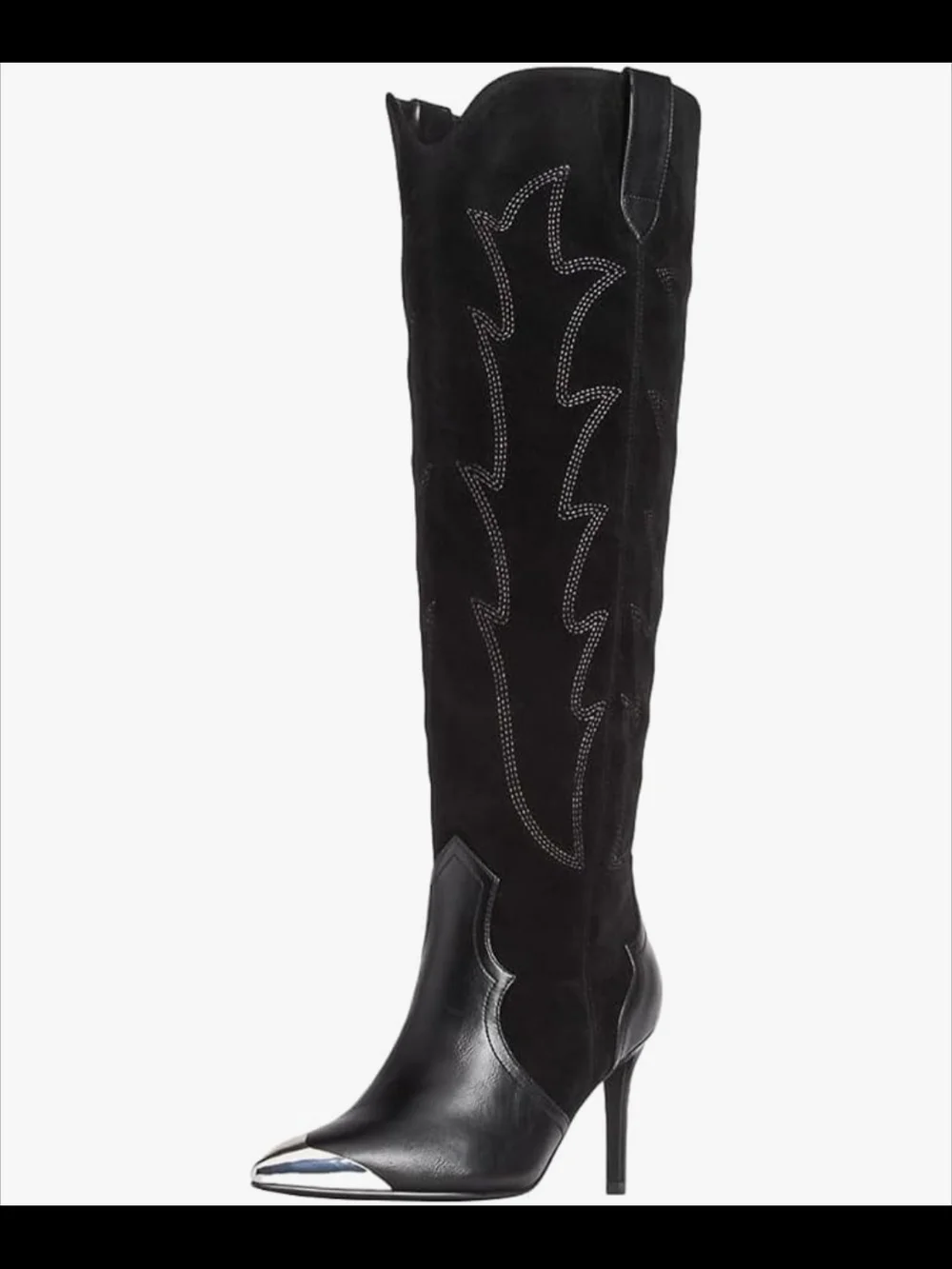 Women Steel Pointed Toe Cap Knee High Boots Embroidery Stiletto Black Heels 6.5